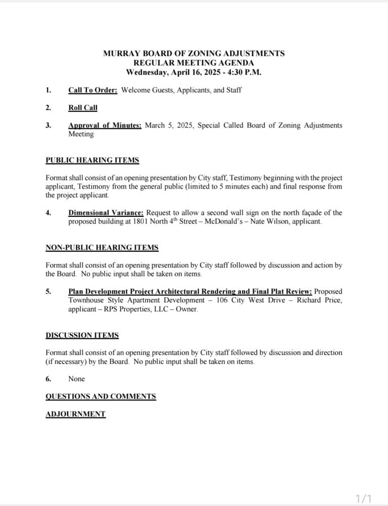 Murray Board of Zoning Adjustments Regular Meeting