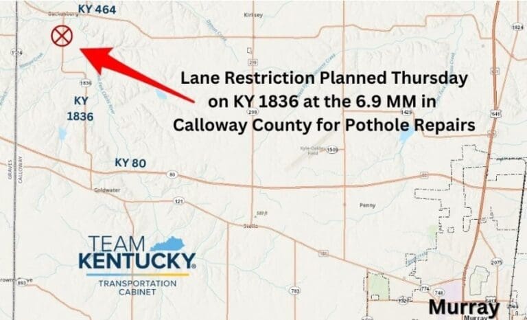 Press release: Lane restriction planned Thursday to repair potholes on KY 1836 in Calloway County