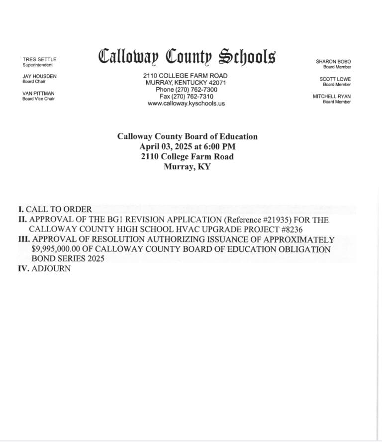 Calloway County Board of Education SPECIAL CALLED Meeting