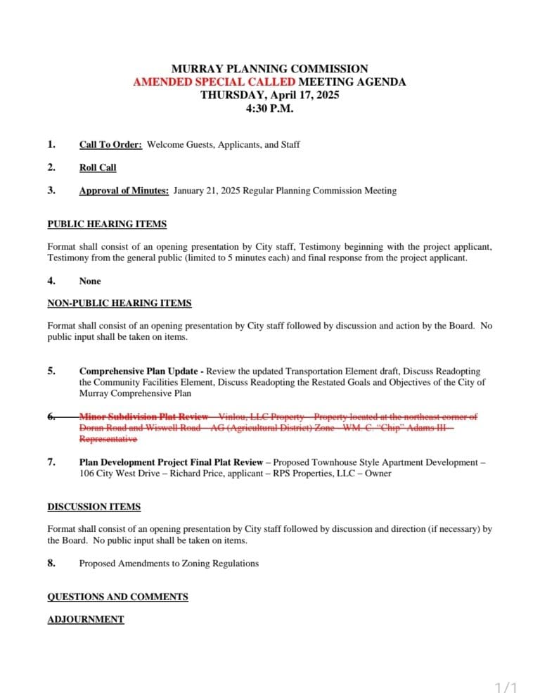 Murray Planning Commission SPECIAL CALLED Meeting