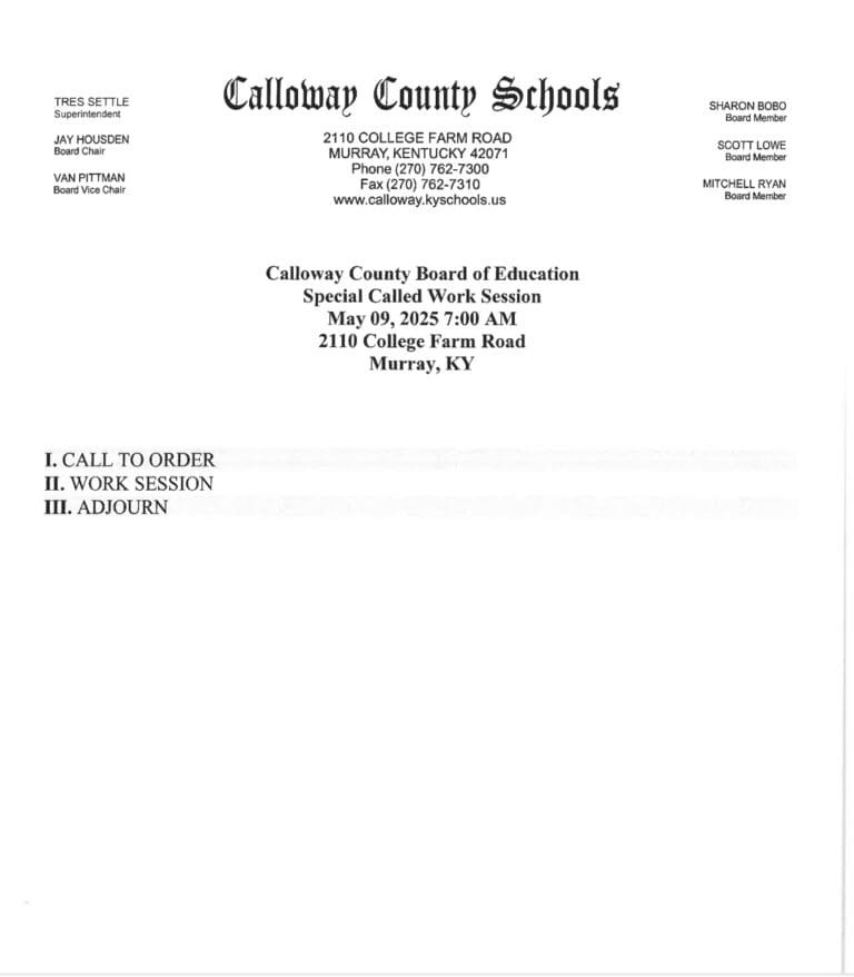 Calloway County Board of Education SPECIAL CALLED Work Session