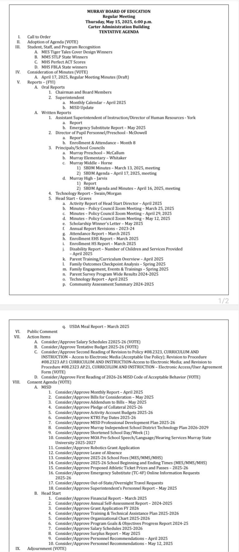 Murray Board of Education Regular Meeting