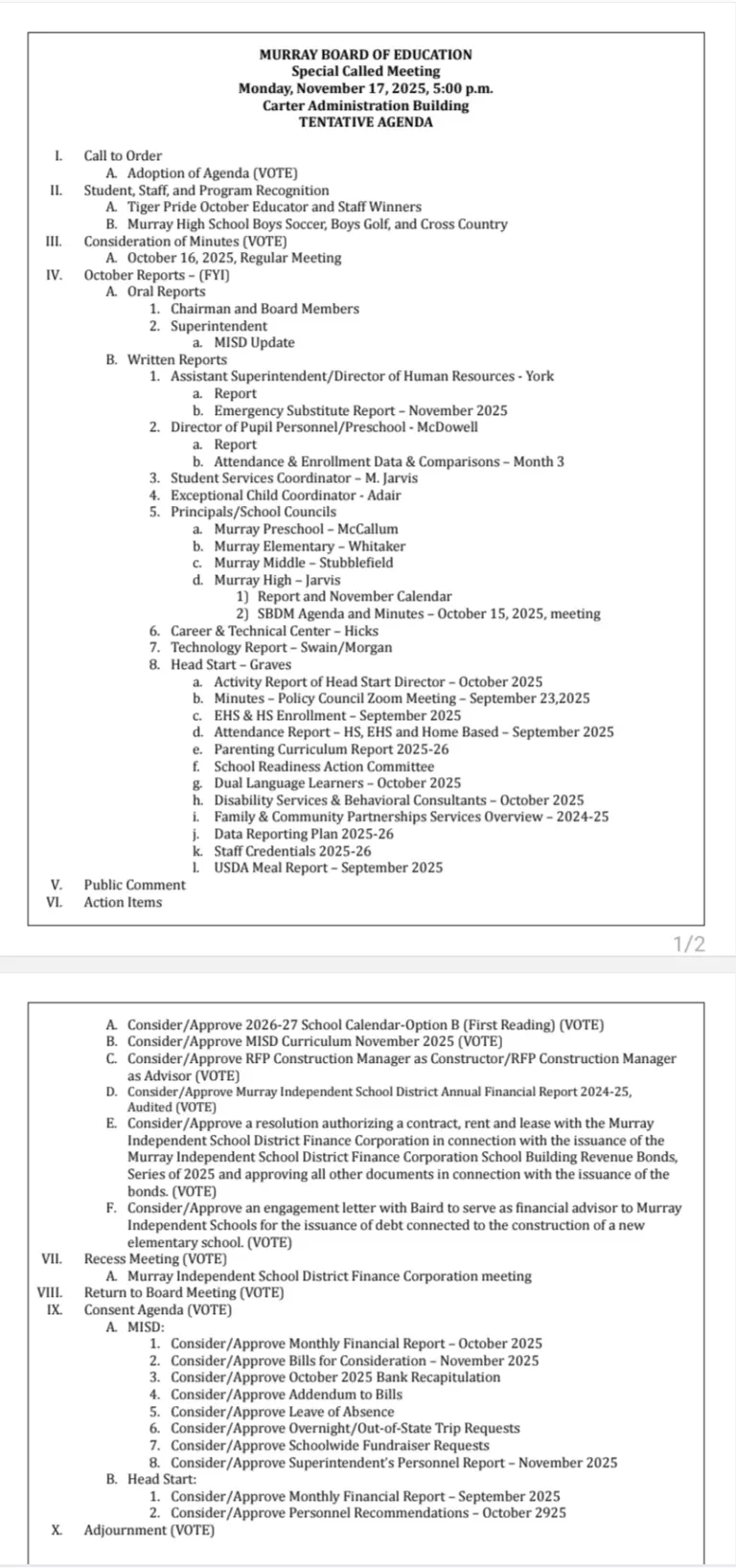 Murray Board of Education SPECIAL CALLED Meeting